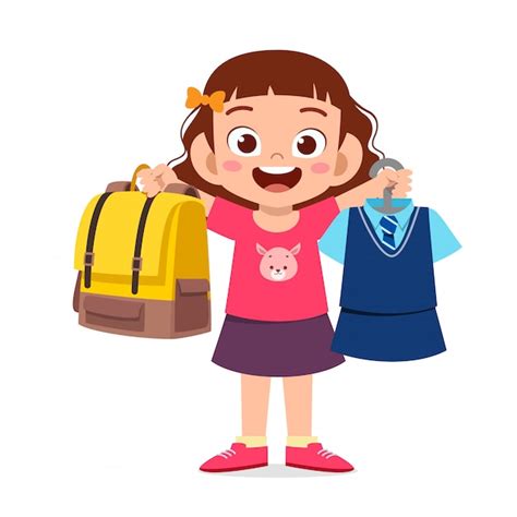 Premium Vector Happy Cute Little Kid Girl Preparing Uniform For School