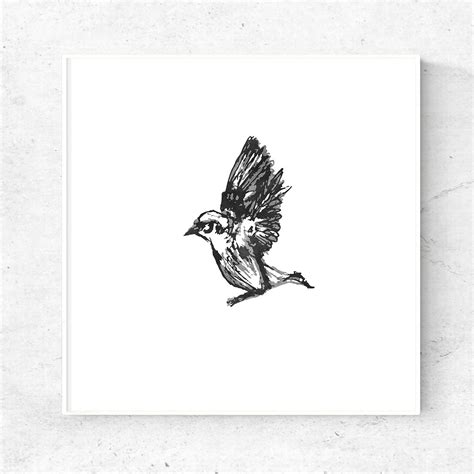 Minimalist Sparrow Sketch Bird In Flight Print Art Blackandwhite Sketch Drawing