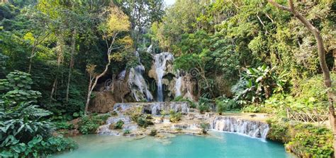 Panoramic Shot Of The Scenic Kuang Si Waterfall Kuang Xi Falls In