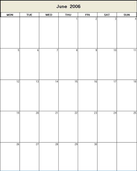June 2006 Printable Blank Calendar