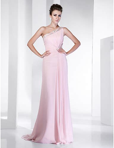 Sheath Column One Shoulder Sweep Brush Train Chiffon Prom Dress With Beading By Ts Couture