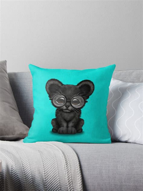 Cute Baby Black Panther Cub Wearing Glasses On Blue Throw Pillows By