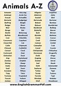 All Animals Name List From A to Z PDF | Animals name list, English ...