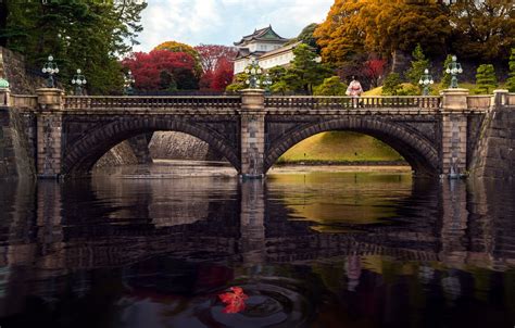 Wallpaper Autumn Trees Landscape Bridge River Woman Japanese The