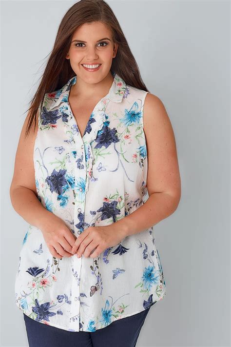 white and multi floral and butterfly print sleeveless blouse with frill panel plus size 16 to 36