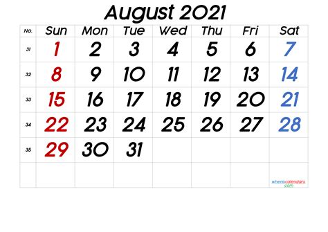 Free Printable August 2021 Calendar 6 Templates