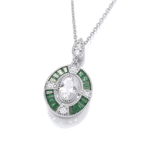 Silver And Emerald Cubic Zirconia Oval Deco Necklace Cavendish French