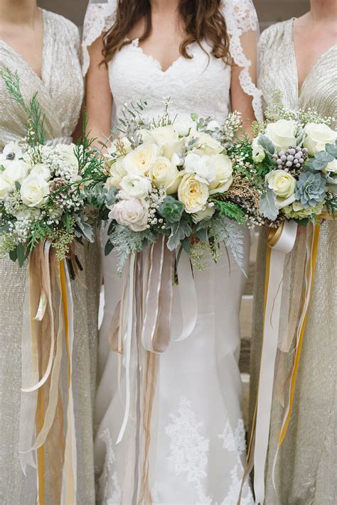 White Winter Wedding Bouquets With Ribbon
