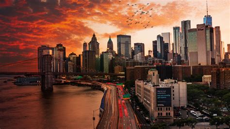 Sunset Over Manhattan Bridge Hd World 4k Wallpapers Images