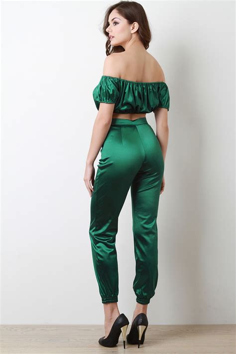 Satin Off The Shoulder Crop Top With High Waisted Pants Urbanog In 2020 With Images Tight