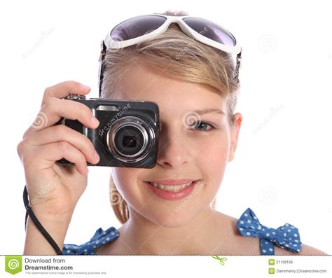 Blonde Teenager Photographer Girl With Camera Royalty Free