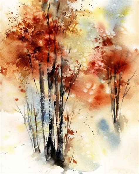Autumnal Trees Art Print Autumn Scene Loose Style Watercolor Painting