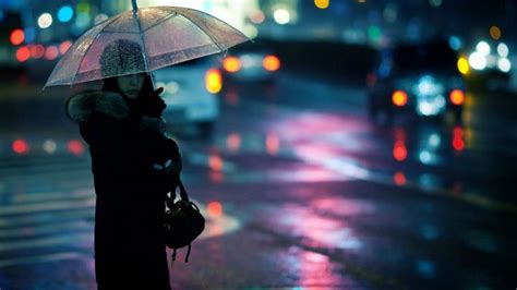 The Art Of Colorful Umbrellas At Night In Rain Girl With An Umbrella