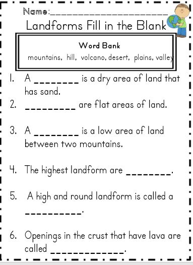 Third Grade Landforms Worksheet