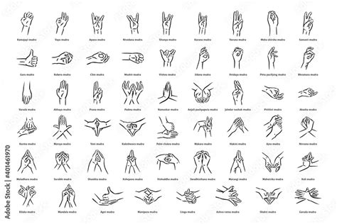 Mudras Icon Set Hand Spirituality Hindu Yoga Of Fingers Gesture Technique Of Meditation For