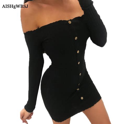 aishgwbsj 2018 new women spring dresses long sleeve sexy bodycon dresses slash neck black mini