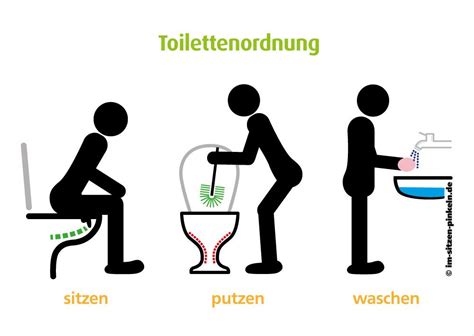 Wie sieht ein piktogramm aus? Toilettenordnung Im Sitzen pinkeln, mit Klobürste putzen ...