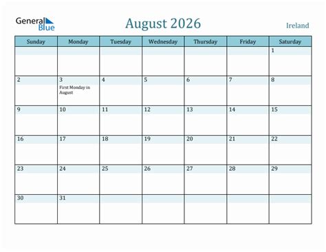 Ireland Holiday Calendar For August 2026