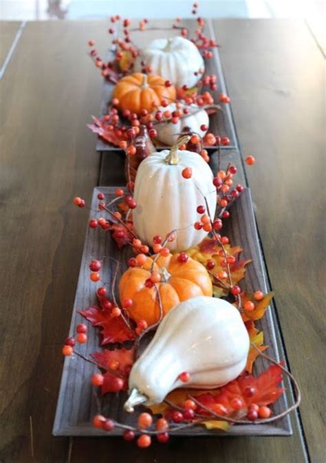 Pretty Autumnal Centerpiece Table Runner White Gourds Mini Pumpkins