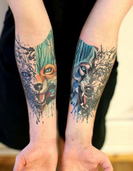 Fox And Wolf Tattoos Inkstylemag Геометрические татуировки Парные