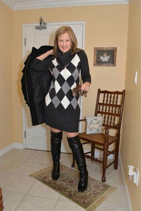Amateur Blonde At Home Modeling A Gray Argyle Sweater Dress And Black Otk Boots Sweater Dress