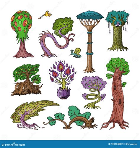 Magic Tree Vector Fantasy Forest With Cartoon Treetops And Magical