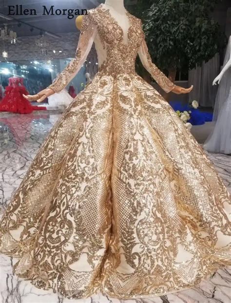 Gold Glitter Ball Gowns Wedding Dresses For Women Puffy Lace Up Floor