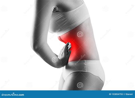 Femme Avec Douleur Abdominale Mal De Ventre D Isolement Sur Le Fond