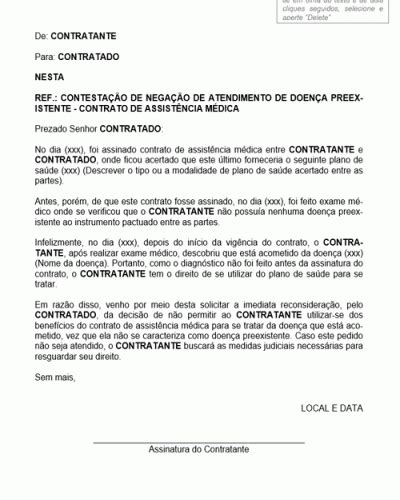 Referência De Carta Contestando Negação De Atendimento De Doença Preexistente Contrato De