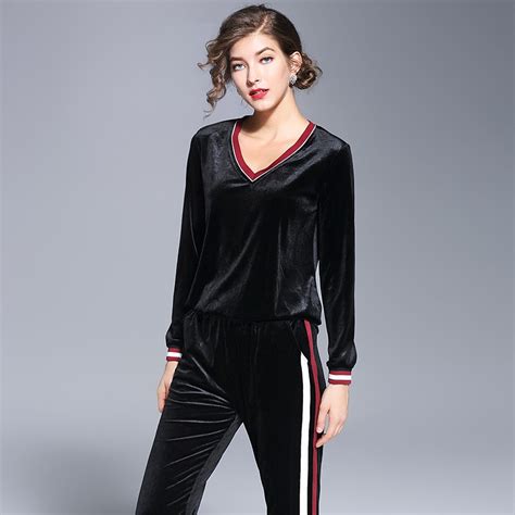velvet tracksuits women long sleeve v neck black striped loose 5xl plus size women set 2017