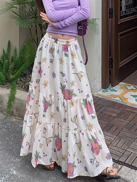 TIGENA Korean Sweet Long Skirt For Women 2023 Summer Aesthetic Floral