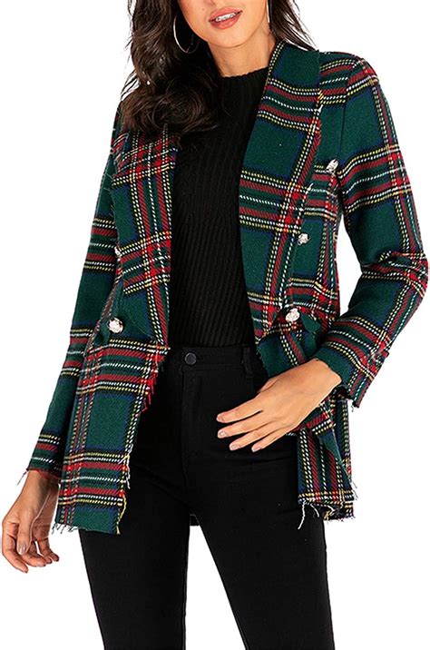 Women Plaid Print Blazer Woolen Coat Long Sleeve Button Lapel Retro