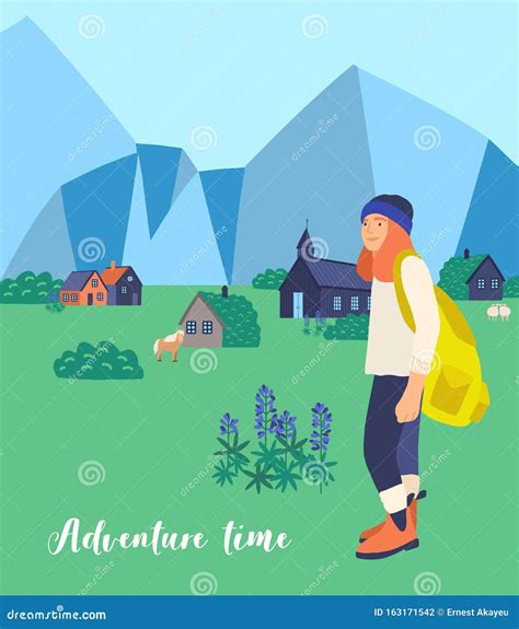 Mountain Hiking Flat Vector Illustration Female Tourist Cartoon
