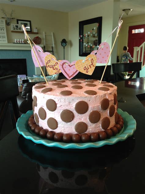 Easy Baby Shower Cake With Chocolate Polka Dots And Paper Heart Bunting