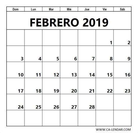 Febrero 2019 Calendario Para Imprimir Plantilla Calendario