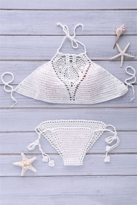 Crochet Halter Lace Up Bikini Set WHITE Bikini De Ganchillo Traje De