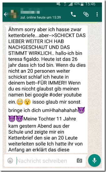 Dort heißt es whatsapp habe in der letzten nacht heimlich ein update, durchgeführt, ohne seine nutzer zu informieren. Horror-Kettenbriefe via WhatsApp! Sprechen sie mit Ihrem ...