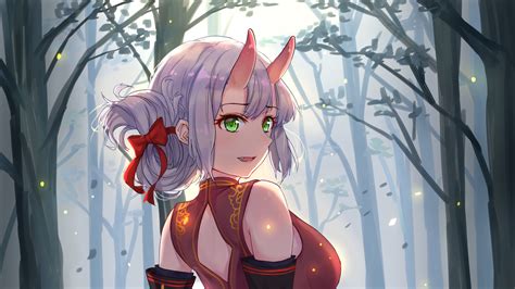 Green Eyes Demon Horns Anime Girl Forest Background Hd Anime Girl