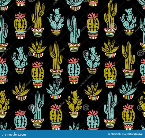 Vector Cactus Hand Drawn Seamless Pattern Grunge Silhouette Print