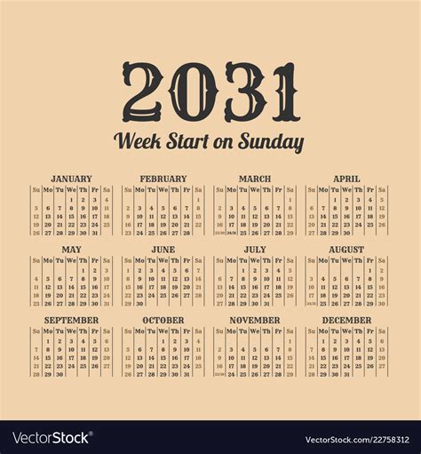 2031 Year Vintage Calendar Weeks Start On Sunday Vector Image