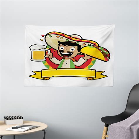 Mexican Tapestry Latino Man Holding Cold Beer And Tacos Restaurant
