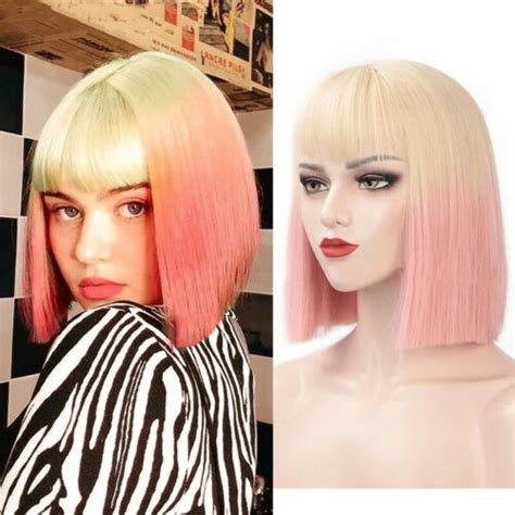 Short Straight Bob Wig With Bangs Omber Blonde Pink Synthetic Wigs