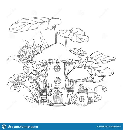 Vector Fantasy Illustration With Mushroom Houses In Grass Coloring