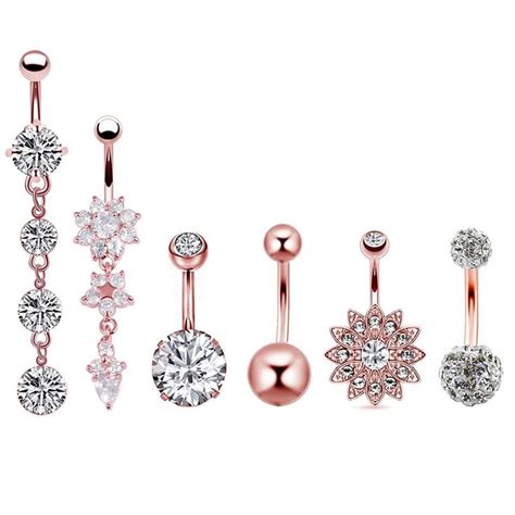Nasama 6pcs 14g Stainless Steel Dangle Belly Button Rings For Women Belly Piercing Cz Inlaid