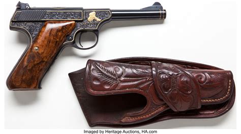 Engraved And Gold Inlaid Colt Woodsman Semi Automatic Pistol With