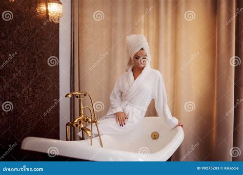 Beautiful Young Woman In Bathrobe And Towel On Head Girl After Bath Stock Image Image Of Robe