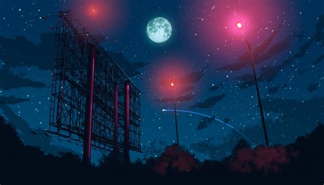 Anime Moon Street Light Night Sky Stars Digital Art Artwork