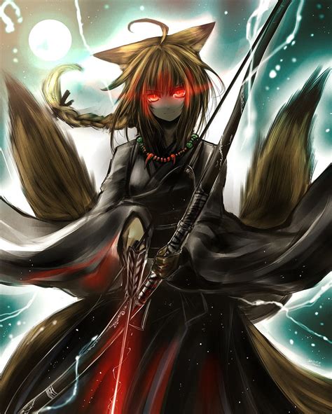 Blondes Gloves Dress Moon Long Hair Weapons Animal Ears Glowing