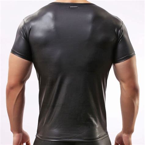 2021 Sexy Mens Leather Look T Shirt Gay Undershirt Wet Look Tank Vest Muscle Body Club Fetish