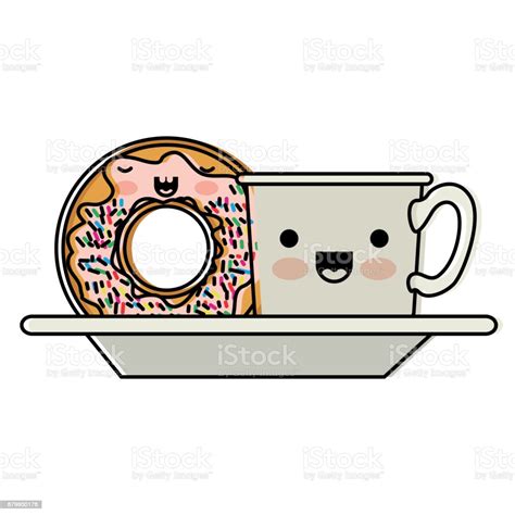 Kawaii Kaffee Tasse Und Donut Mit Creme Glasur Auf Teller In Aquarell